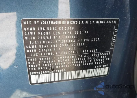 2020 Volkswagen Tiguan 2.0T Se/2.0T Se R-Line Black/2.0T Sel z USA, uszkodzony, nr VIN 3VV2B7AX2LM128959